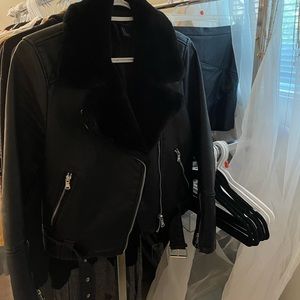 Pleather moto jacket with fur